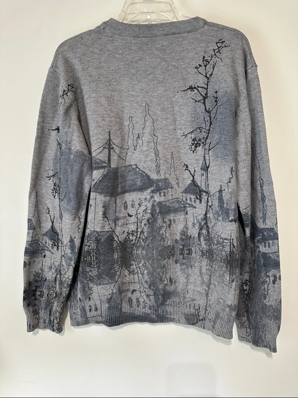 Men's Blue Gray Asian Village Themed Crewneck Sweater
